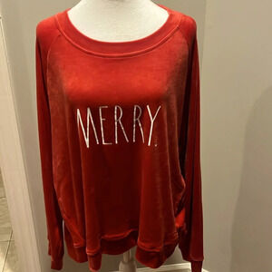 RAE DUNN NWT Holiday Red Velour “MERRY.” Cozy Sweatshirt Size XL